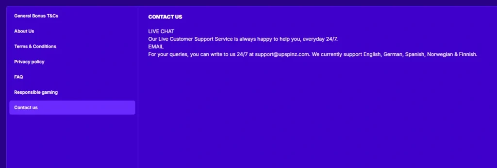 upspinz casino customer support