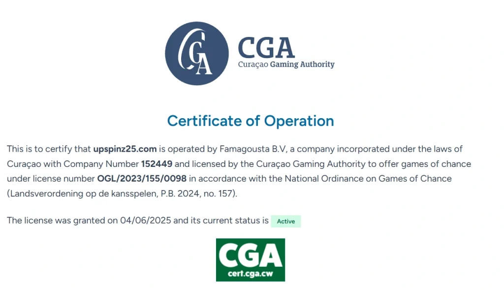 UpSpinz Casino Curaçao Gaming Authority active license certificate