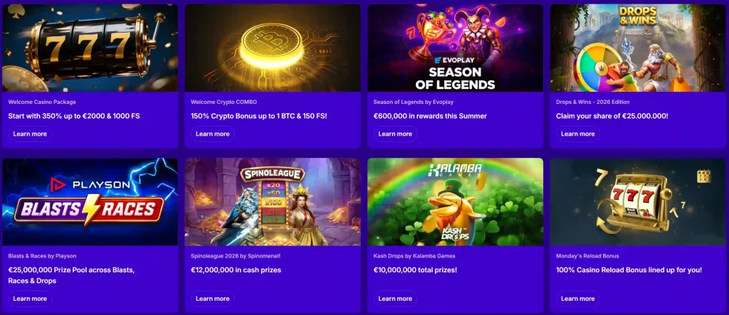 UpSpinz Casino promotions page with welcome bonus crypto offers tournaments and weekly rewards